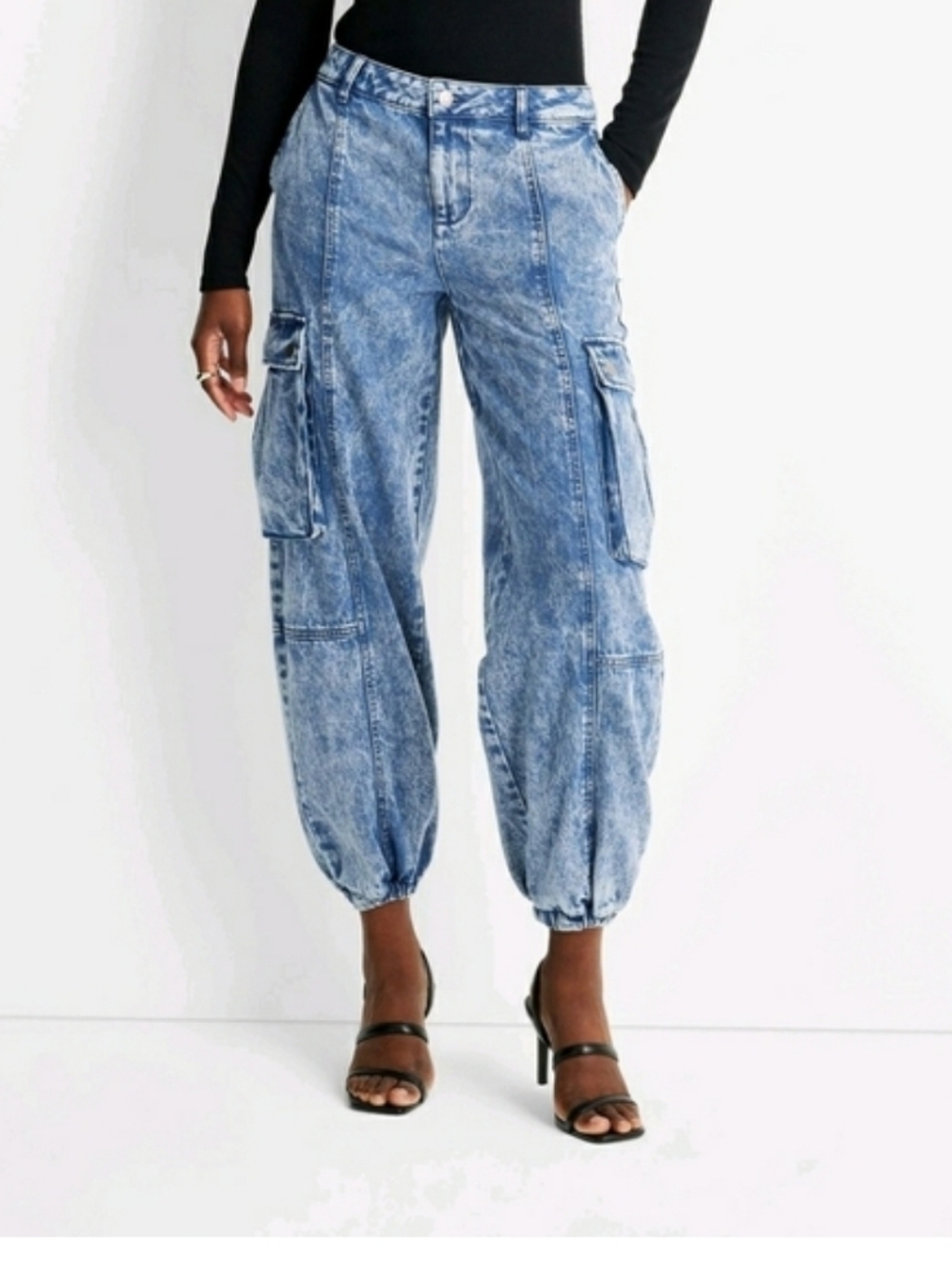 Future Collective Acid Wash Cargo Jogger Jeans - Light Blue Denim Size 0 - Picture 1 of 9
